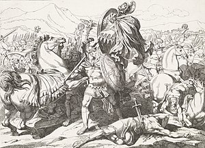 Aulus Cornelius Cossus carries the head of the Etruscan king Lars Tolumnius, 1818 engraving by Bartolomeo Pinelli